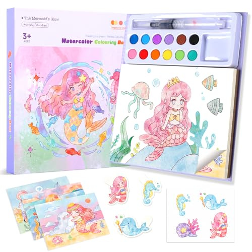 Livre de Coloriage avec Aquarelles, Kit de Peinture 3 en 1 pour Enfants, Jouet Éducatif pour Les Filles de 3 à 8 ans, Cadeaux pour Filles (La Petite Sirène)