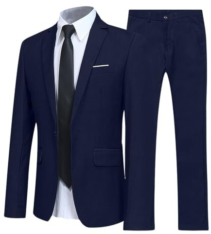 Traje Hombre Traje de 2 Piezas para Hombre Ajuste Delgado con Un Botón Casual Chaqueta y Pantalones Elegante Traje de Esmoquin Verano para Negocios Party Boda Cena Talla Grande (1 Navy, L)