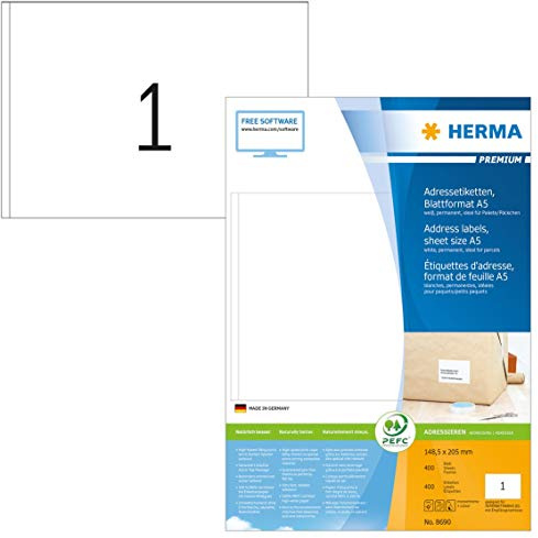 HERMA 8690 universella etiketter A5 (148,5 x 205 mm, 400 ark, papper, matt) självhäftande, utskrivbara, permanenta adressetiketter, 400 fraktetiketter, vit
