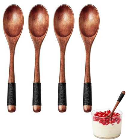 JapanBargain, Set of 4 Wooden Spoons, 5-1/4 Inch Dessert and Snack Spoon Set with Wrapped Handle, Ideal for Yogurt Ice Cream Coffee Tea and Baby Food, Smooth Natural Wood Utensils