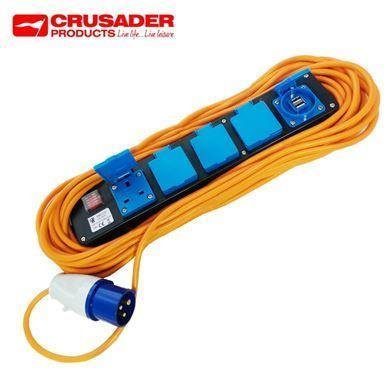Crusader 5 Way 15M Mobile Caravan Extension Lead 2x USB Ports Campsite 240V 16A
