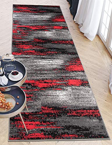 Carpeto Rugs Teppich Läufer Flur - Modern Teppichläufer – Kurzflor, Weich - für Küche Vorzimmer Eingangsbereich Schlafzimmer - Meterware 70 cm Breit - Grau Rot 70 x 200 cm