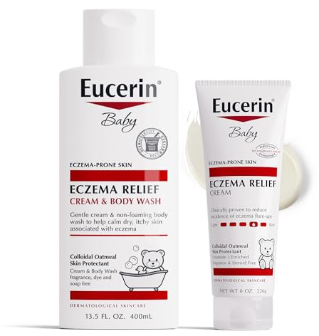 Eucerin Baby Eczema Relief Cream and Body Wash (13.5 Fl Oz) + Baby Eczema Cream (8 Oz), Fragrance Free Skin Care Set with Colloidal Oatmeal (Skin Protectant)