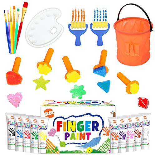 BLOT Peinture au Doigt Lavable pour Enfant Non Toxique Kit de Peinture Doigt avec Éponge Pinceaux Palette pour Enfants Apprentissage Précoce Petits Cadeau