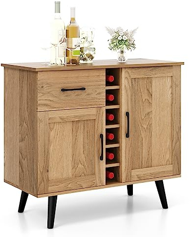 KOMFOTTEU Aparador de Cocina con Estante para 6 Botellas, Mueble de Vino con 2 Armarios de Puerta y Cajón, Gabinete de Bar con Dispositivo Antivuelco, Mueble Buffet para Salón Comedor, 90 x 40 x 79 cm