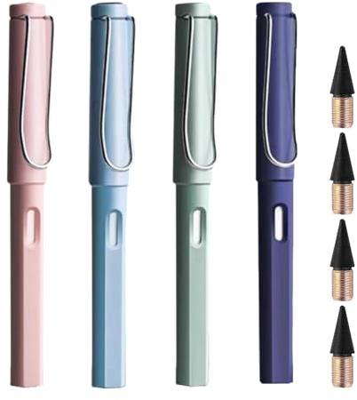 DaiUni 4 Stück Ewiger Bleistift, Tintenloser, Metall Tintenlose Bleistifte, Tintenloser Bleistift mit Radiergummi, Endloser Bleistift, mit 4 pcs Wechselkopfm