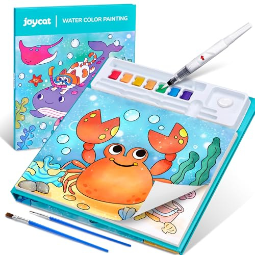 JoyCat Livre de coloriage avec peintures à l'eau pour tout-petits de 3 à 8 ans, kit de peinture aquarelle, pour arts et bricolage, jouet éducatif, cadeau d'anniversaire pour garçons et filles(Cyan)