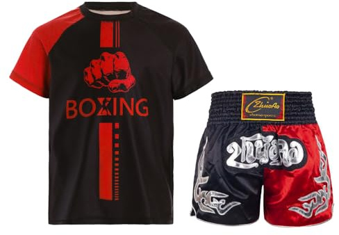 Runhomal Barn pojkar boxningsshorts MMA kickboxning kampsport träning tävling sportset 5–16 år, svart röd , 9-10 ans