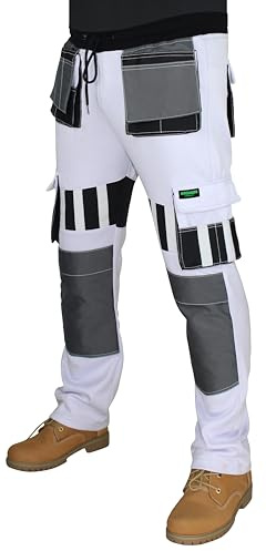 HASHOOB TRADING FZE Mens White Fleece Painter Work Trousers Decorators Front Strip Design Knee Pad Pocket Pants (Three-White, XXL)
