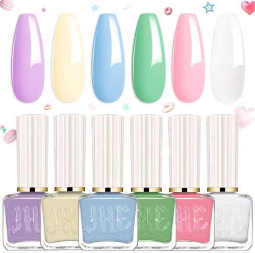 DMQ Pastel Nail Polish Kit, 6Pcs Spring Summer Nail Varnish Set, White Pink Yellow Blue Green Purple Nail Gel - Quick Dry & Long-lasting Candy Macaron Nail Paint for Girls DIY Nail Art at Home