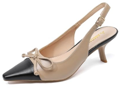 Amoji Women Kitten Bow Heel Slingback Closed Pointed Toe Pump Wedding Dress Shoes FZ338 Nude Size 9 Women