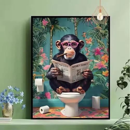Baibexing Divertido Mono Leyendo El Periódico En El Baño, Lienzo, Póster, Impresiones, Arte De Pared, Imagen Para Sala De Estar, Decoración Del Hogar, Tamaño A8 50X70Cm Sin Marco