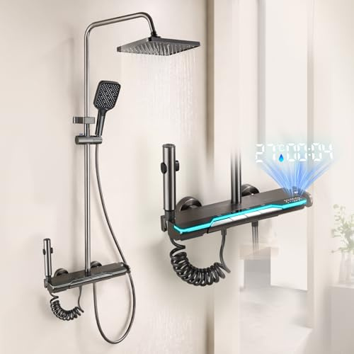 CALISTOUK Columna de Ducha Gris Oscuro con Pantalla Digital, Sistema de Ducha con 4 Botones de Piano, Rociador Efecto Lluvia para Baño Moderno-D3
