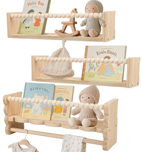 Normodic Nursery Shelves for Wall, 40cm Wooden Floating Book Shelves Set of 3, Wall Mounted Kids Book Shelf with Hanging Rail, Baby Nursery Decor Toy Display Storage Shelf for Kids Room, Bedroom