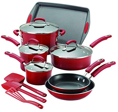 Rachael Ray Brights Nonstick Cookware Pots and Pans Set, 14 Piece, Red Gradient