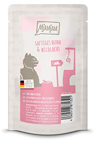 MjAMjAM - Comida húmeda Premium para Gatos - Quetschie - Pollo jugoso y salmón Salvaje, 1 Paquete (1 x 125 g), sin Cereales con Carne Adicional