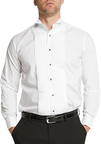 DoubleTwo - Men’s White Wing Collar Tuxedo Shirt - Formal Dress Shirt with Double Cuff - Stitched Pleat Front - Cotton Blend Dinner Shirt for Weddings & Black Tie (White, 16.5 inch)