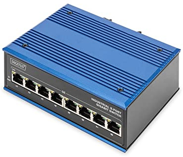 DIGITUS Conmutador de Red - Gigabit Ethernet de 8 puertos - Montaje en carril DIN - Bloque de terminales - Sin ventilador - Negro/Azul