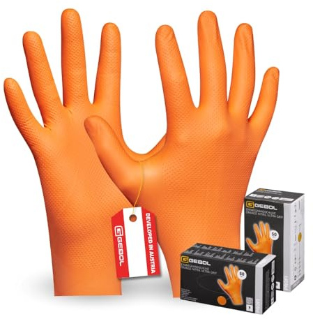 Gebol Orange Nitril Ultra Grip, 50 Stück Einweghandschuhe mit Pyramidenstruktur, Chemikalienbeständig, Werkstatt & Lebensmittelverarbeitung, für Damen & Herren, Gr. M/8