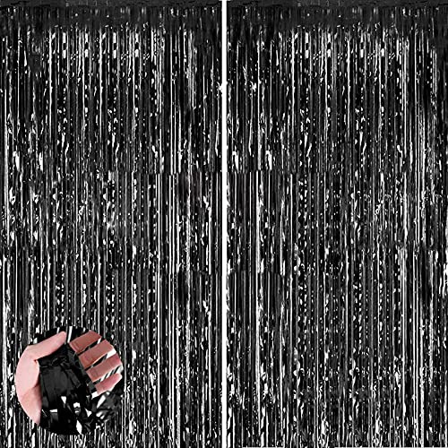 Aisszhao 2 Rideau Métallique Tinsel Noir,Rideaux à Franges en Aluminium Noir Porte Fenêtre Décoration,Toile de Fond pour Photos de Fête Noirpour Anniversaire,Mariage,Remise de diplôme,Halloween décor