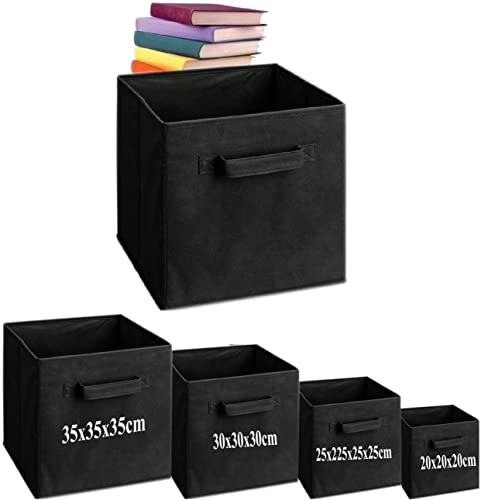 A406 2x Foldable Boxes Storage Cube Boxes Fabric Cubes with Handles Collapsible Organiser Clothes Storage Box (Black, Large-30x30x30cm)