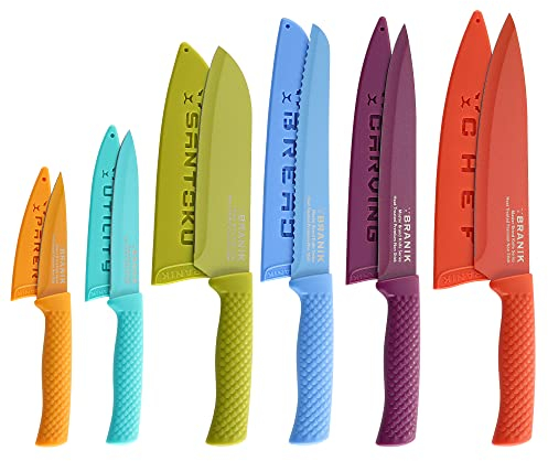 BRANIK Titanium Series 6-Piece Black Kitchen Knife Set – Non-Stick Stainless Steel Chef Knives with Ultra-Sharp Blades, Ergonomic Handles & Protective Sheaths – Professional Kitchen Knives – Colour