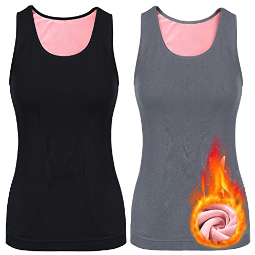 Sintege 2 Pcs Thermal Tank Top Womens Fleece Lined Underwear Tops Undershirt for Women Cotton Blend Cami Warm Base Layer Vest(Medium,Black, Gray)