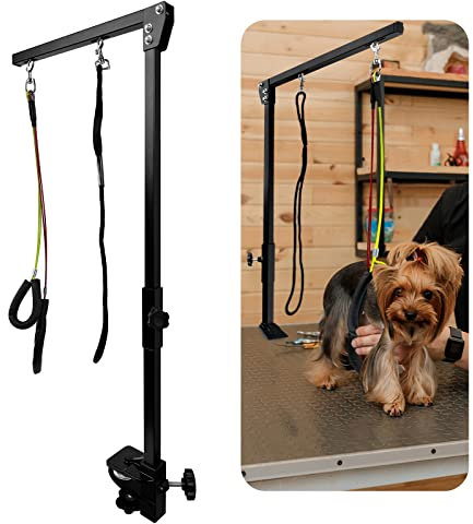 UISEBRT Haustier Fellpflege Arm mit Klemme, Haustierpflegearm Faltbarer Tierpflegearm mit Schlaufe und Zwei No-Sit-Hüfthaltern für Mittelgroße Kleine Haustiere, 35 Zoll Verstellbarer
