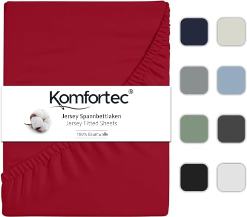 Komfortec Spannbettlaken Jersey 100% Baumwolle – 90x200 cm – 135g/m² – Weich, Atmungsaktiv & Hautfreundlich – Mit Rundumgummi – Oeko-Tex Zertifiziert – Für Boxspring, Topper & Matratzen – Rot