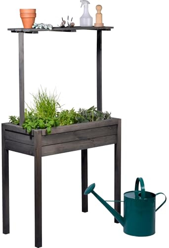 dobar® 58257FSCe Hochbeet Florenz Massiv-Holz | Salatbeet mit erhöhter Ablage | Balkonbeet Schmal | Erhöhtes Gemüsebeet inklusive Pflanzvlies | 80 x 40 x 145 cm | Anthrazit