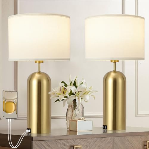 MoMyofdy Gold Lamps Set of 2 Touch Control 3-Way Dimmable Bedside Nightstand Lamps Bedroom Lamps Modern White& Gold Table Lamp with USB Type C Ports Tall Lamps for Living Room End Table Home Office