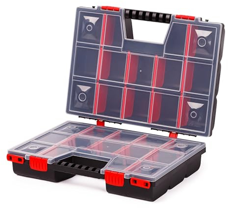 MIVOS Caja organizadora de doble cara, 390 x 290 x 130 mm, con 30 compartimentos ajustables, de 2 lados, piezas pequeñas, caja de accesorios, herramientas estable