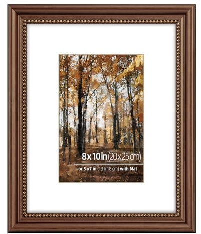 Eitida 8x10 in Wood Classic Gallery Picture Frame, Ornate Gold Beaded Inner, Matted for 5x7 Photo, Tabletop or Wall Mount Display Vertically or Horizontally, Dark Brown