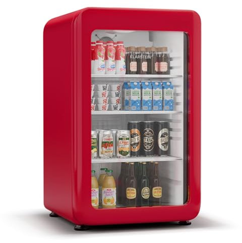 Klarstein Audrey Evo Réfrigérateur à boissons - 113 L, Porte à double vitrage, LED, Température 0-10°C, Design rétro, Classe Énergétique C, Pieds réglables, Rouge
