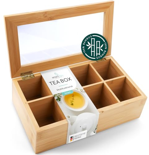 smartday Teebox aus Bambus mit Sichtfenster – Teebeutelbox mit 8 Fächern I Tee Aufbewahrungsbox aus Holz I Multifunktionale Teekiste für Küche, Büro & Esszimmer
