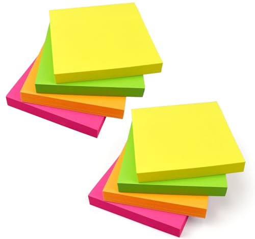 800 Notes Adhésives Lumineuses 76 x 76 mm | 8 Blocs de 100 Feuilles | Notes Mémo Colorées en Jaune, Rose, Orange, Vert, Pêche | 100 Feuilles par Bloc | Prise de Notes, Rappels, Liste de Contrôle