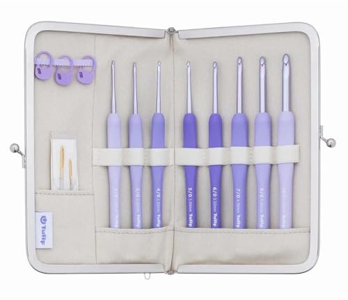 Tulip Etimo Murasaki Crochet Hook Set - 8 Soft Grip Aluminium Hooks (2.00-6.00mm), Ergonomic Handle, Wool Needles and Stitch Markers, Purple - 1 Set