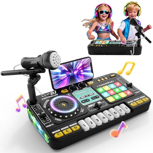 DJ Mischpult DJ Pult für Kinder 3-10 Jahre DJ Controller DJ Mixer Musikinstrumente mit Mikrofon 100+ Soundeffekten Licht Akku, Geschenk Spielzeug für DJ-Anfänger Jungen Mädchen 3 5 6 7 8 9 10 Jahre