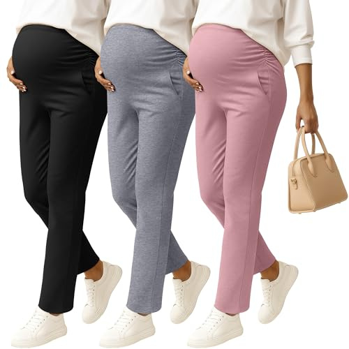 Sweetyweee 3 Pack Women's Maternity Pants Pregnancy Leggings Over The Belly Wide Waist Pant Pocket Ruched Work Casual Trouser(Pink, Light Gray, Black,XX-Large)