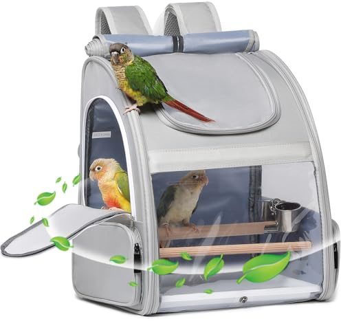 Bird Carrier,Travel Bird Cage,Bird Backpack for Small Birds Parakeet,Canary,Parrot, Finches,Cockatiel.Portable Outdoor Bird Bag with 2 Wooden Perch, Double-Clamp Cup, Detachable Poop Tray (Gray)