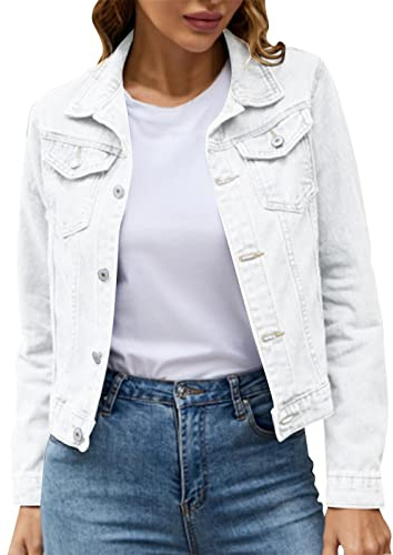 White Denim Jacket, Womens Long Sleeve Casual Trucker Jean Jacket, Classic Button Up Outerwear Coat for Spring, Autumn, Ladies Denim Jackets
