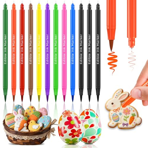 Edible Food Colouring Pen,12pcs,Food Grade Icing Pens Dual Tip,Paint Markers for DIY Writing and Drawing Fondant,Cakes,Cookies,Easter Eggs,Frosting Donut,Chocolates,Dessert Decorating Supplies