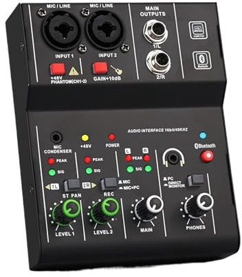 Controladora DJ, Mezclador de profesional de 2 canales, interfaz de tarjeta de sonido, consola, mini mezclador de grabación USB for DJ, estudio, guitarra