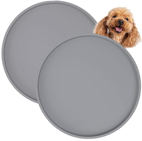 Tappetino Rotondo per Ciotole Cane 2 Pezzi, Tappetino in Silicone con Bordi Diametro 25 cm, Antiscivolo, Impermeabile e Facile da Pulire, Senza BPA, Base per Ciotole Cibo e Acqua (Grigio)
