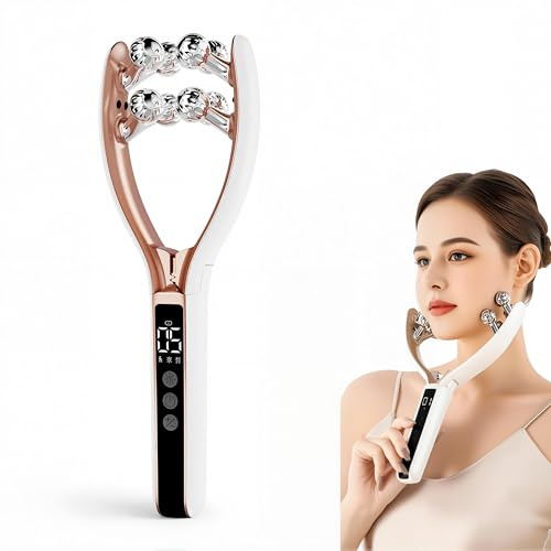 Dispositivo massaggiatore facciale: massaggiatore viso wireless, design a 8 rulli a V, massaggio termico EMS, 6 modalità 9 intensità, scultore viso a LED, luce rossa blu per anti-invecchiamento e