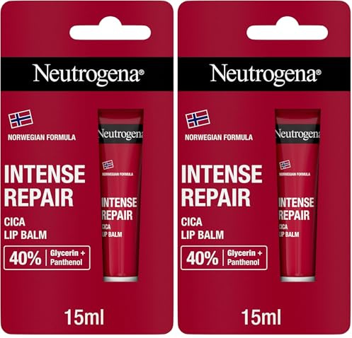 Neutrogena Fórmula Noruega Bálsamo Labial Cica Reparación Intensa (1 x 15 ml), bálsamo hidratante labial con 40% glicerina y pantenol, para labios secos y dañados (Paquete de 2)