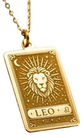 Collar con colgante del signo zodiacal Leo en relieve, hecho de plata de ley 925 con baño de oro, cadena de eslabones de 45 cm (18), dije rectangular para joyería unisex hecha a mano | WW_EMBO_00646