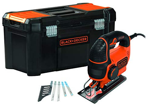 ‎BLACK+DECKER KS901PEKA5-QS - Seghetto alternativo a filaio-620 W-4 posizioni da 22,5° a 45° -90 mm nel legno, 8 mm in acciaio, 3000 corsi/min-5 lame, consegnato in scatola di attrezzi