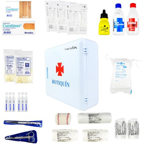 Ferretelix®, ARMARIO BOTIQUIN EQUIPADO CON VARIOS ARTICULOS PARA REALIZAR PRIMERAS CURAS EN CASO DE EMERGENCIA TAMAÑO: 245 MM X 280 MM X 100 MM BLANCO PARA COLGAR EN LA PARED G