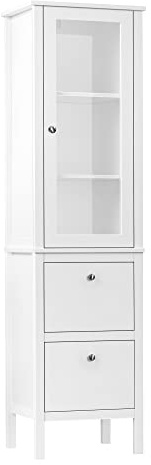 kleankin Armario Alto para Baño Mueble Columna de Baño con 1 Puerta de Cristal Estantes Ajustables y 2 Cajones Multiusos para Salón Cocina 43x35x160 cm Blanco